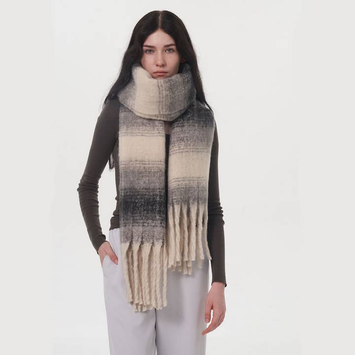 ACCITY - Wholesale Scarf - Women's - WARM AND COMFORTABLE STRIPED PLAID FRINGED SCARF_CWASC0333