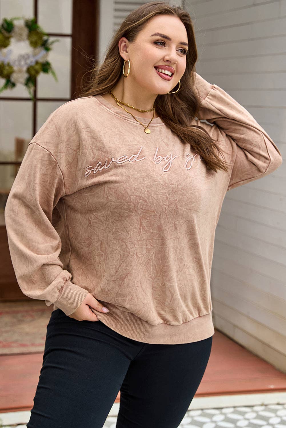 DUNE Plus Size SAVE BY GRACE Embroidered Mineral Wash Sweatshirt for wholesale on Faire2