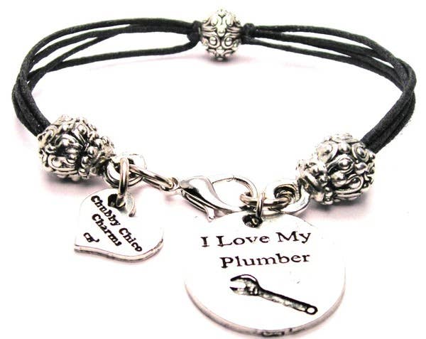 Chubby Chico Charms - Wholesale Charm/Dangle Bracelet - I Love my Plumber Pewter Beaded Black Cord Bracelet0