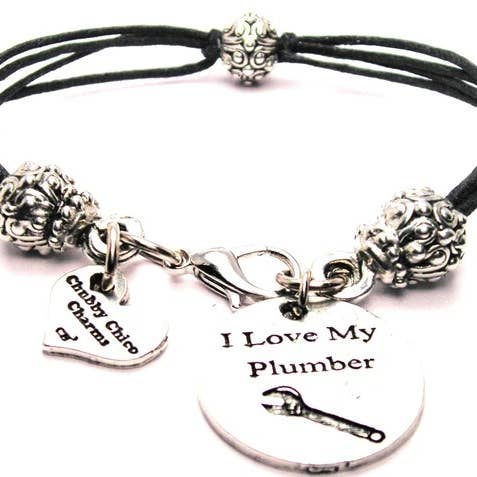 Chubby Chico Charms - Wholesale Charm/Dangle Bracelet - I Love my Plumber Pewter Beaded Black Cord Bracelet