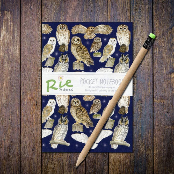 Owls A6 Plain Paper Recycled Notebook for wholesale by Rie Designed