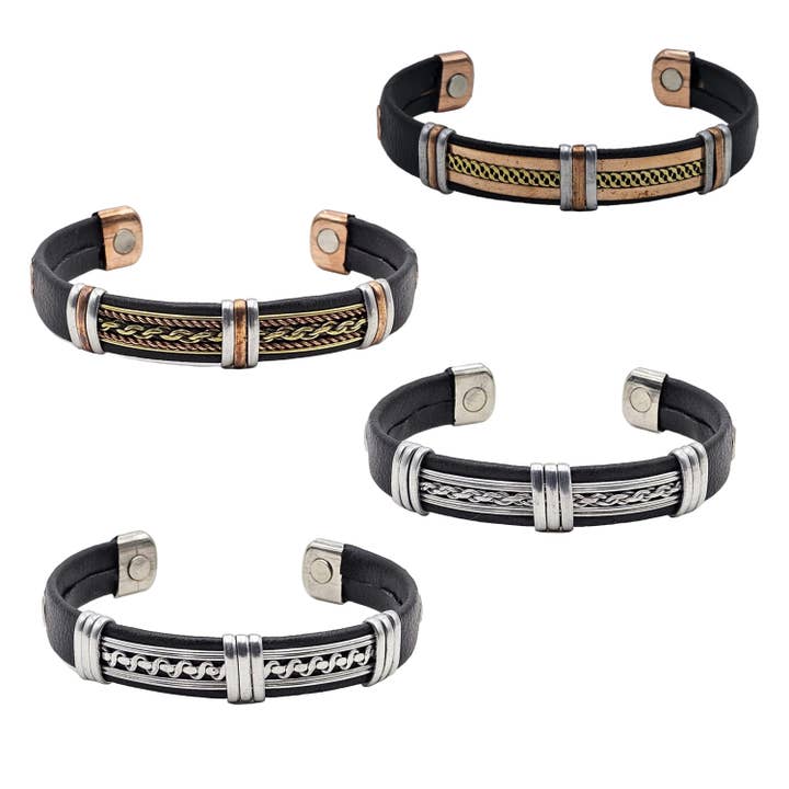 Solid Copper Faux Leather Wrapped Magnetic Bracelet Cuff for wholesale by Treasure Jewelry