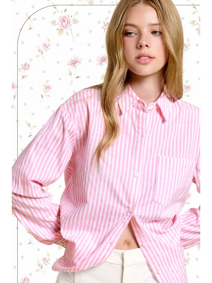 La Miel - Wholesale Button Down Shirt - Women's - SRT7903-Collared Contrast Stripe Button Down Shirt13