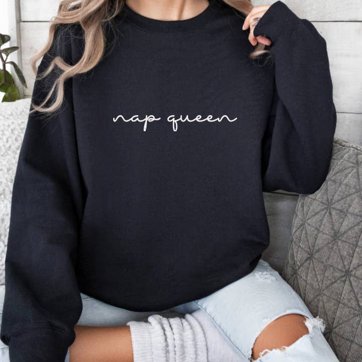 Nap Queen Black Crew Sweatshirt, White Print for wholesale by Hunter Kouture