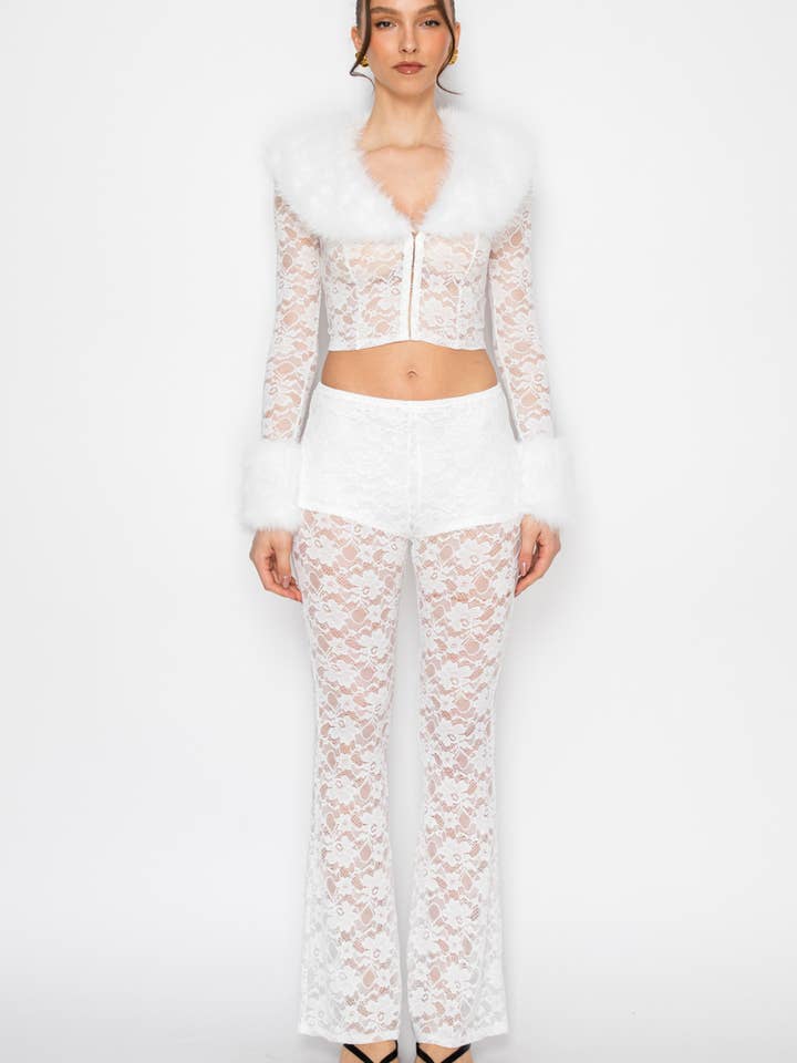 Faux Fur Trim Lace Shirts&Pants Set for wholesale by Nabae Clothing