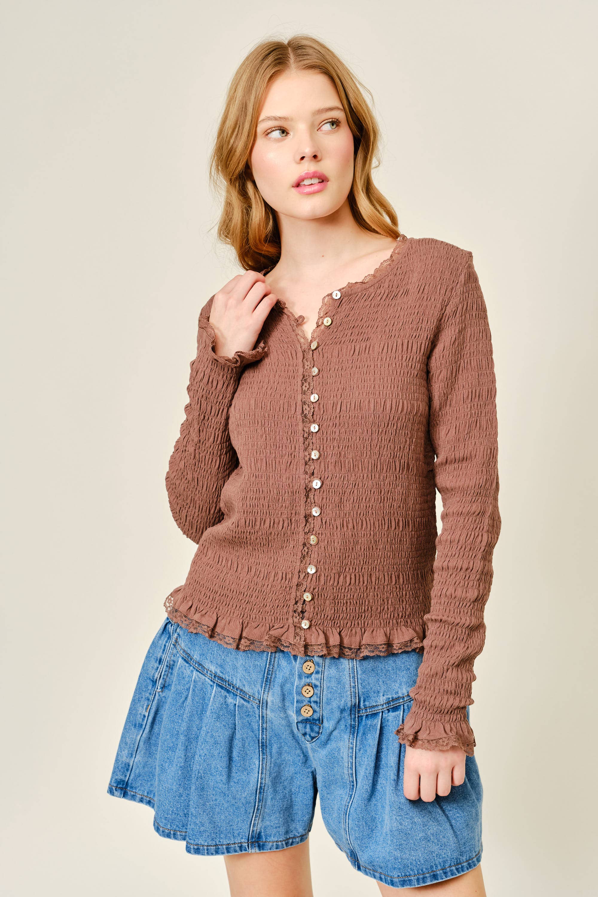 Aaron & Amber - Wholesale Knit Top - Women's - AJT5485 FULL SMOCKED BUTTON DOWN TOP WITH LACE EDGE14