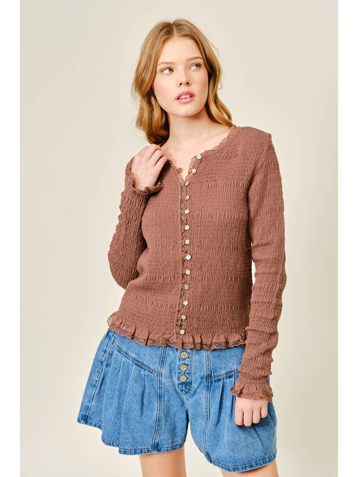 Aaron & Amber - Wholesale Knit Top - Women's - AJT5485 FULL SMOCKED BUTTON DOWN TOP WITH LACE EDGE14