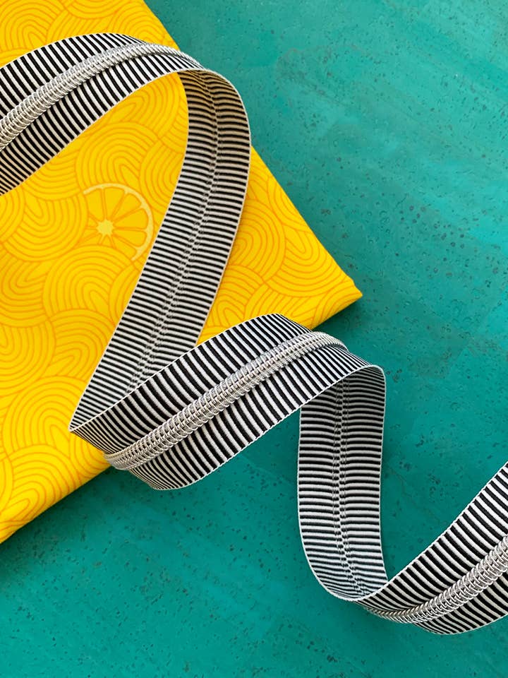 Black Stripe Zipper Tape with Nickel teeth for wholesale by Sassafras Lane Designs