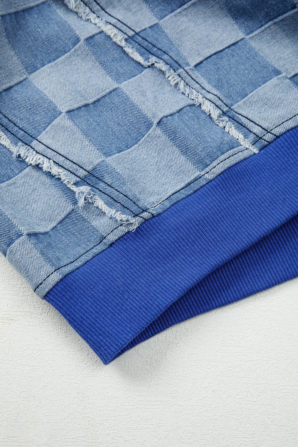 Blue Checkerboard Splicing Raw Detail Oversized Denim Pullover for wholesale on Faire7