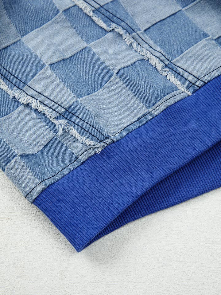 Blue Checkerboard Splicing Raw Detail Oversized Denim Pullover for wholesale on Faire7