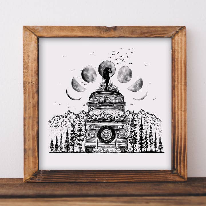 Van and Moon Phases Roadtrip Art Print for wholesale by Kaari & Co.