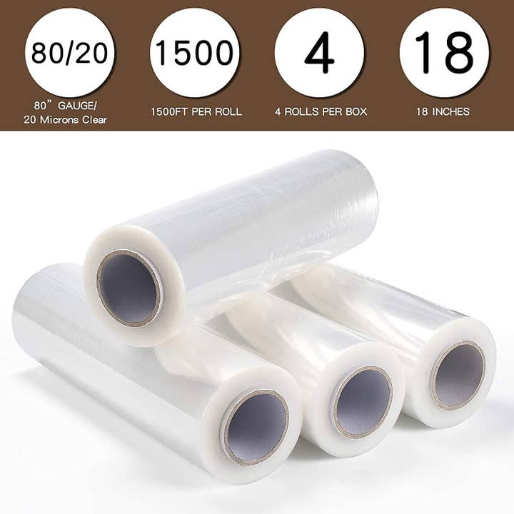 EcoQuality - Wholesale Cellophane Bag - Clear Plastic Stretch Film Wrap 18" x 1500′ 80 Gauge Loads
