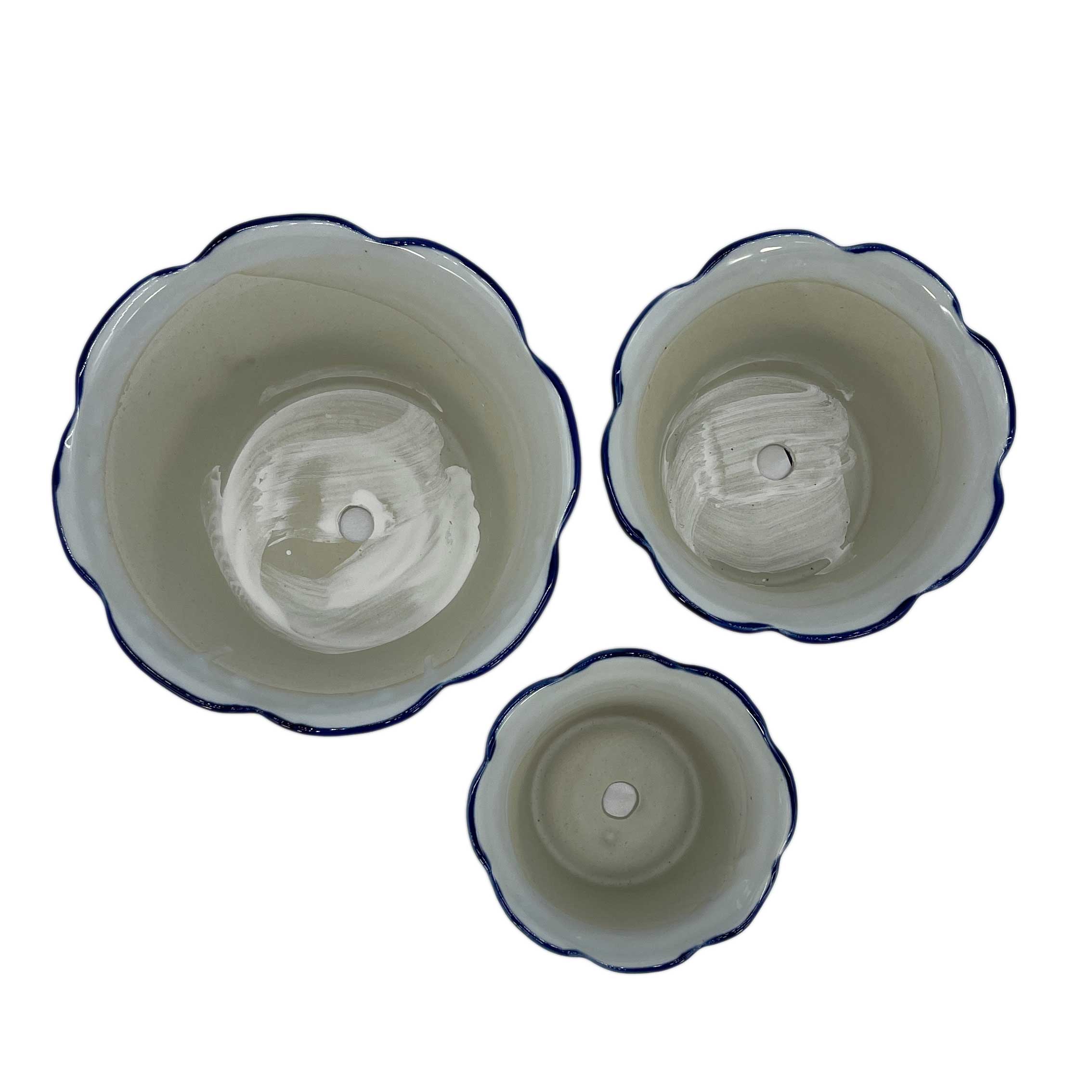 Galt International Company – wholesale Plant pot – Set of 3 Blue & White Floral Ceramic Pots Ruffled Lip Style25