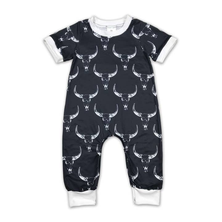 Black bull skull short sleeves baby kids romper for wholesale by Yawoo Garments