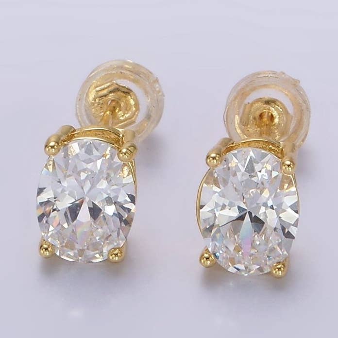 Aim Eternal – Brincos de pino por atacado – Brincos Oval Bezel 8mm Transparente CZ 14K Dourado | AE8990