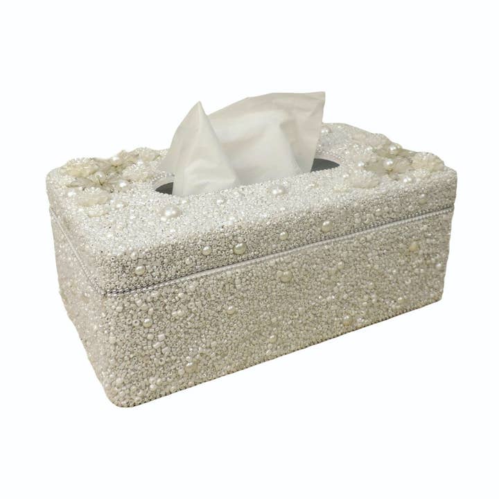 Florale, handbestickte Taschentuchbox in Weiß für den Großhandel von Trunkin'