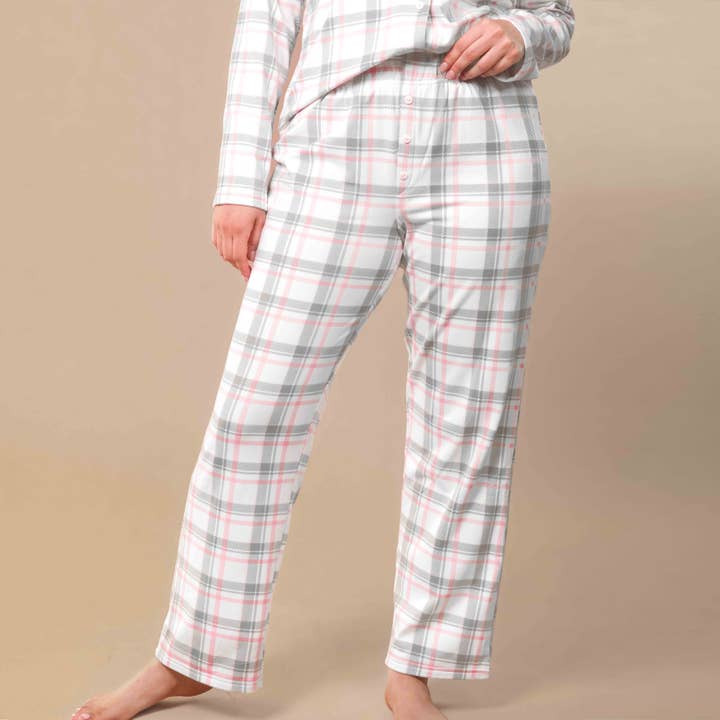 Amanda Blu - Wholesale Sleepwear Bottom - Women's - Pink and Grey Plaid Pajama Pants | Cloud Plush PJ Bottoms