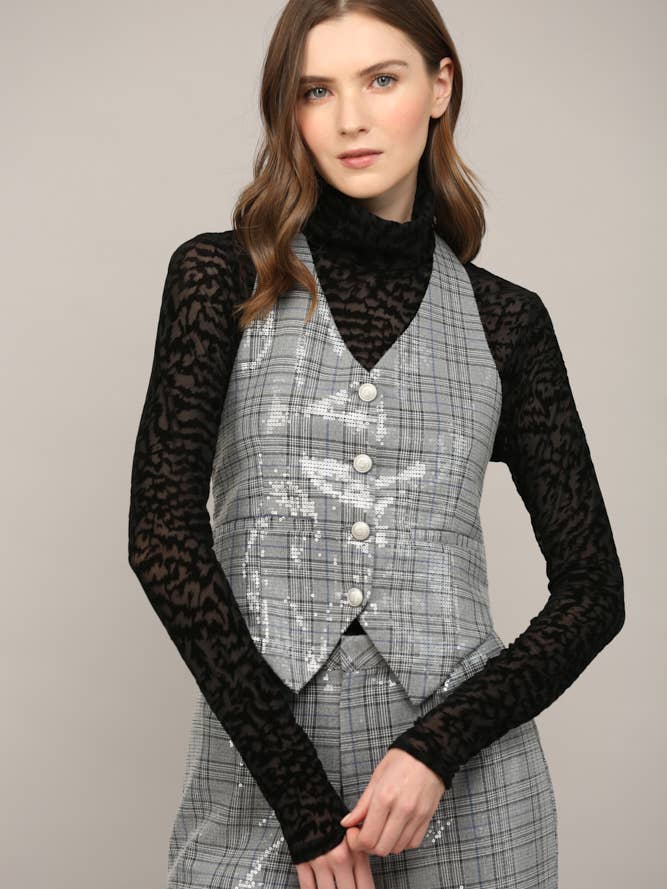 SEQUIN EMBELLISHED PLAID VEST FJ73106 for wholesale by FATE