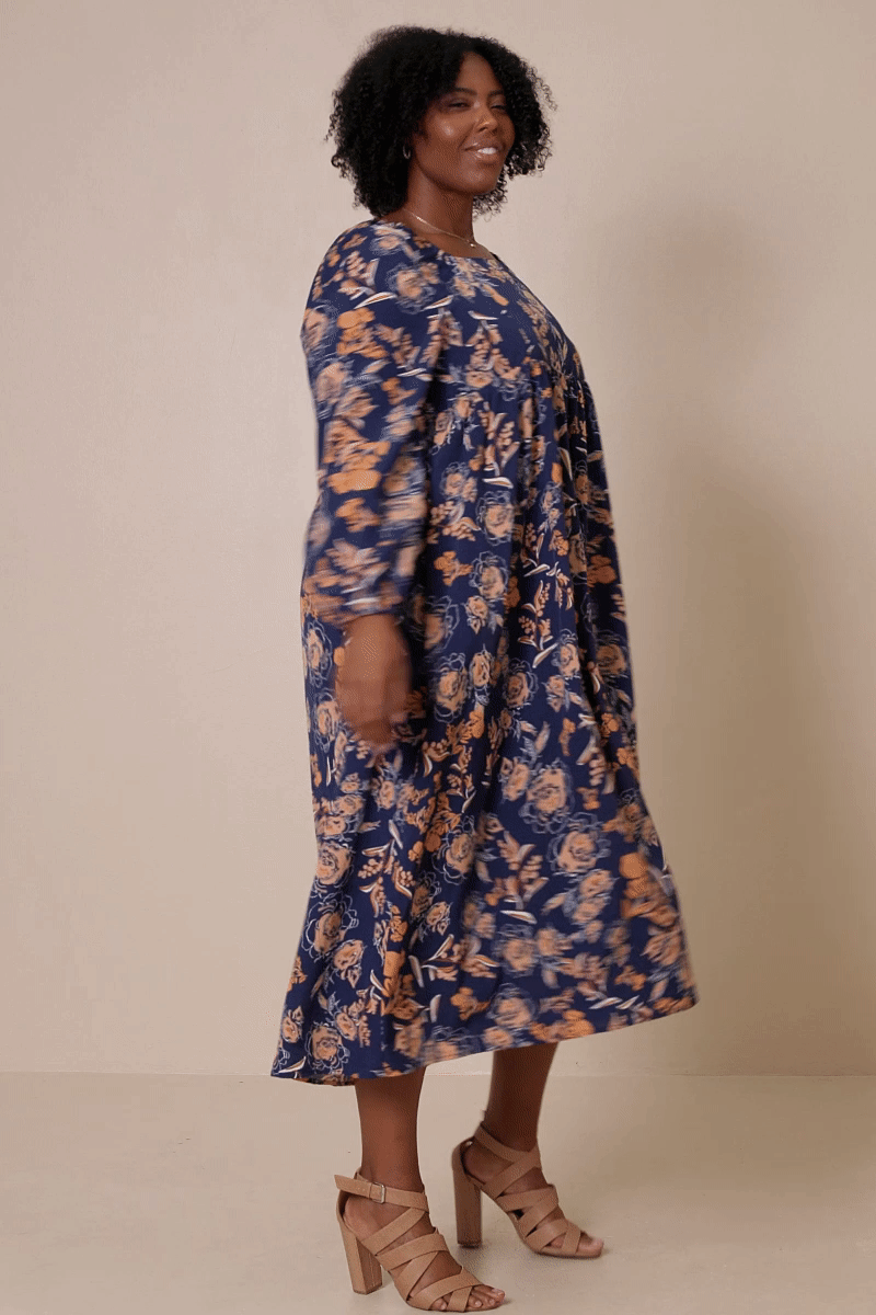 Navy Womens Romantic Floral Square Neck Midi Dress for wholesale on Faire5