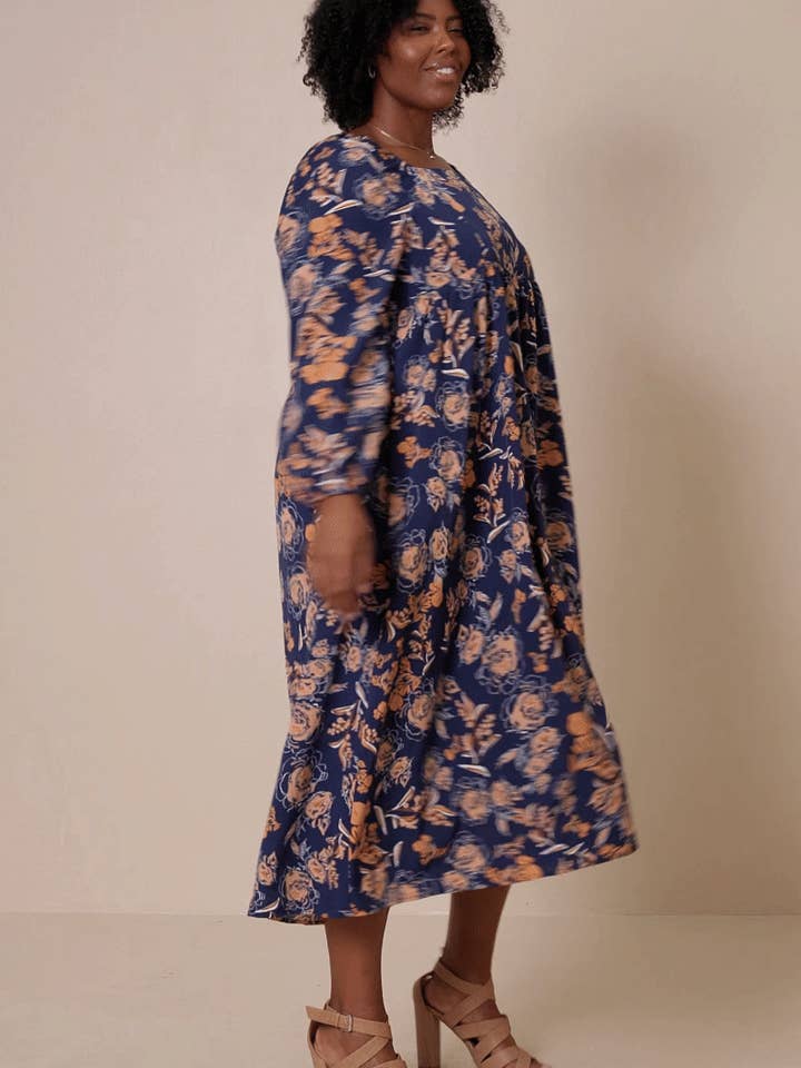 Navy Womens Romantic Floral Square Neck Midi Dress for wholesale on Faire5