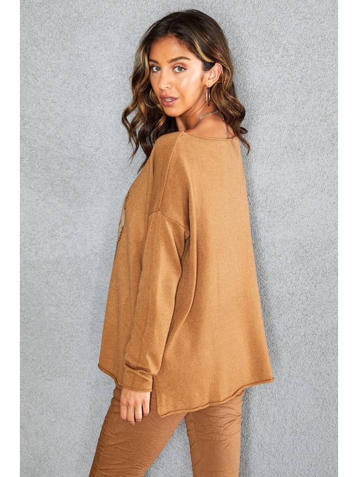 Kamel RHINESTONE SKULL LÅNGÄRMAD TOPP (8035-1901-SKULL) för wholesale på Faire2