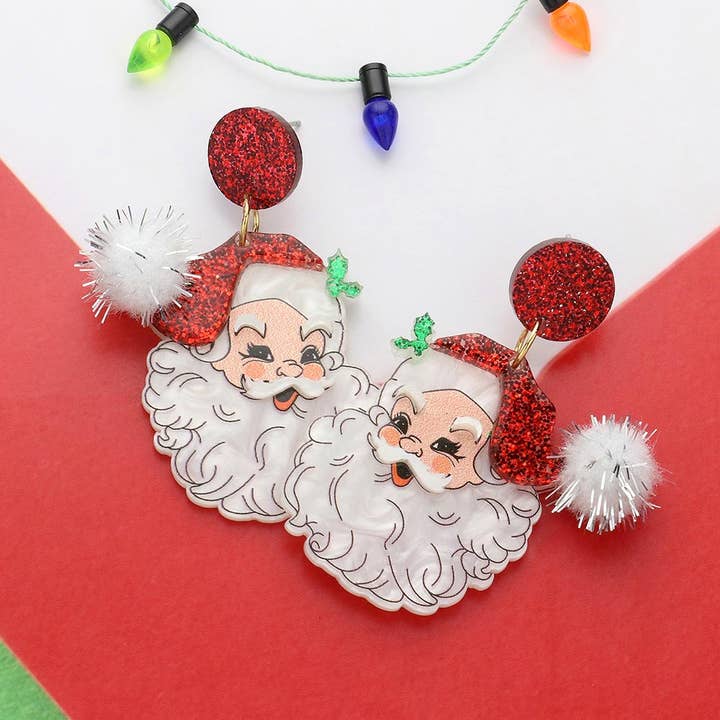 Wona Trading, Inc. - Wholesale Dangle Earrings - Glittered Resin Pom Santa Dangle Earrings