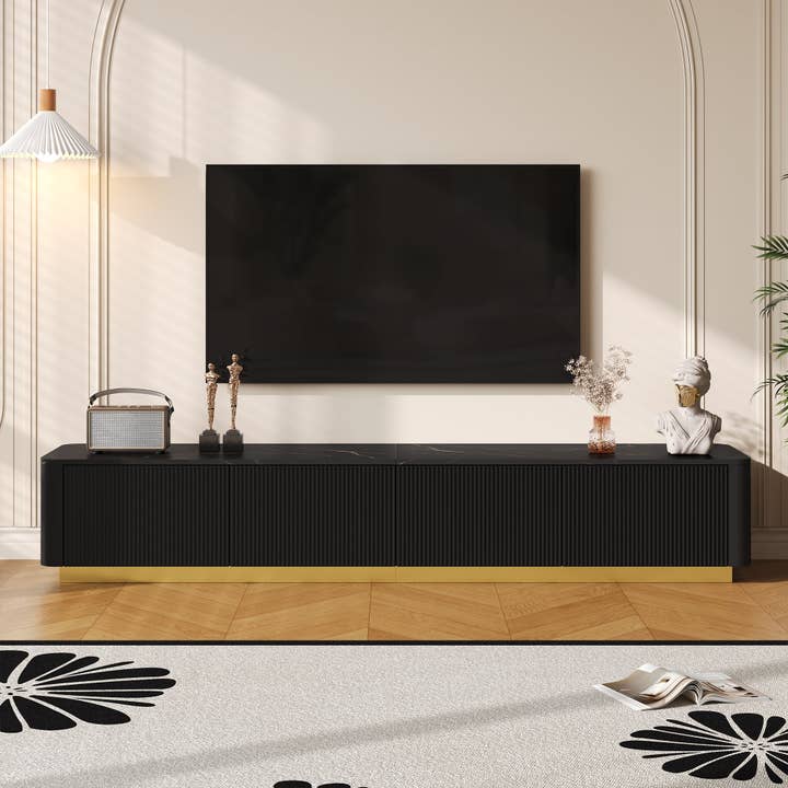 HOMYCASA DESIGN INC - Wholesale Console Table - ON-TREND Luxury Fluted TV Stand for TVs Up to 85', Faux Marble Tabletop Media Console with 4 Drawers, Curved Profile Design, Modern Entertainment Center with Gold Base for Living Room, Black