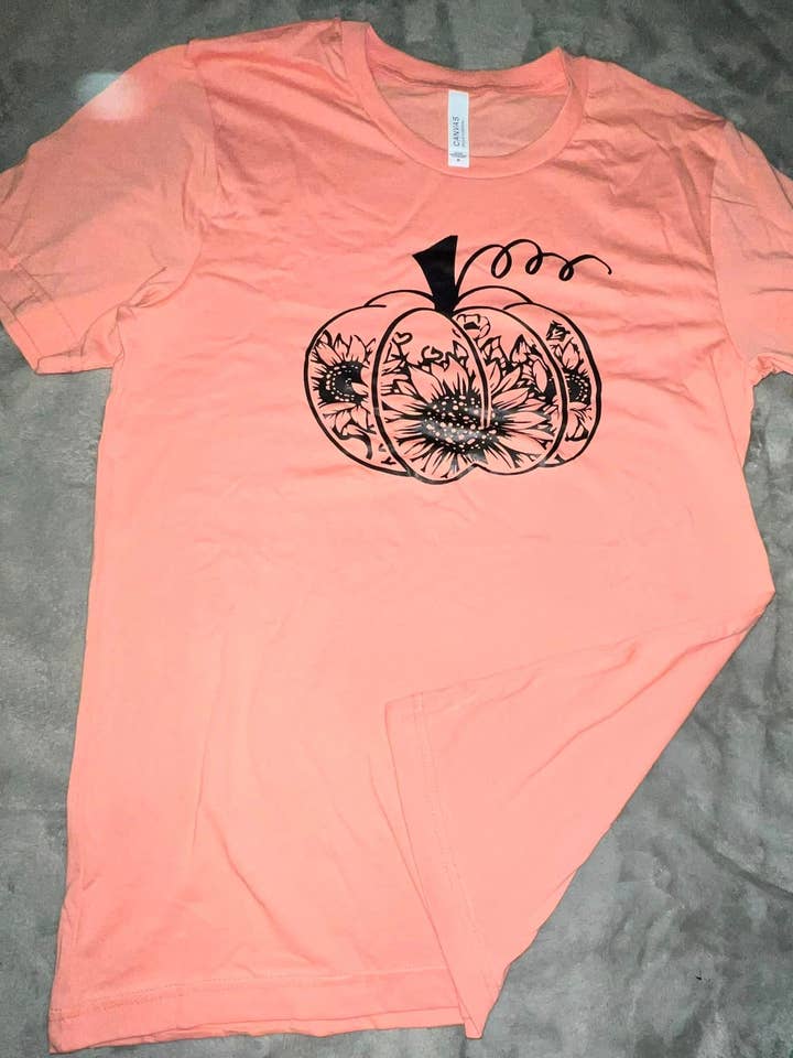 Peach colored sunflower pumpkin T-shirt for wholesale by River Valley Boutique