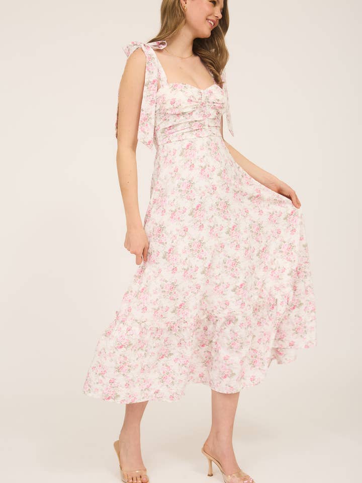 Blu Pepper - Wholesale Dress - Women's - FLORAL TIE STRAP RUCHED DETAIL MAXI DRESS