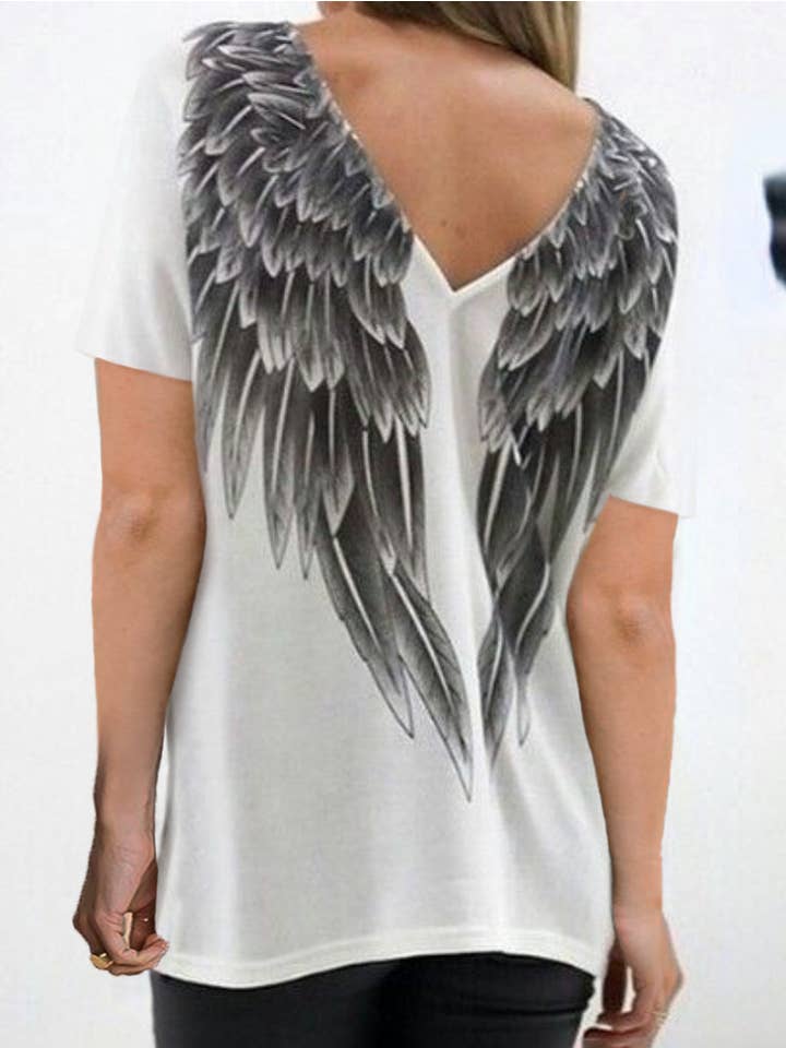 White Angel Wings on Back V-neck T-shirt for wholesale on Faire