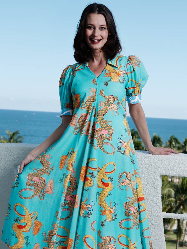 Montauk Dress Linen Cotton Turquoise Dragons Print for wholesale by Dizzy-Lizzie