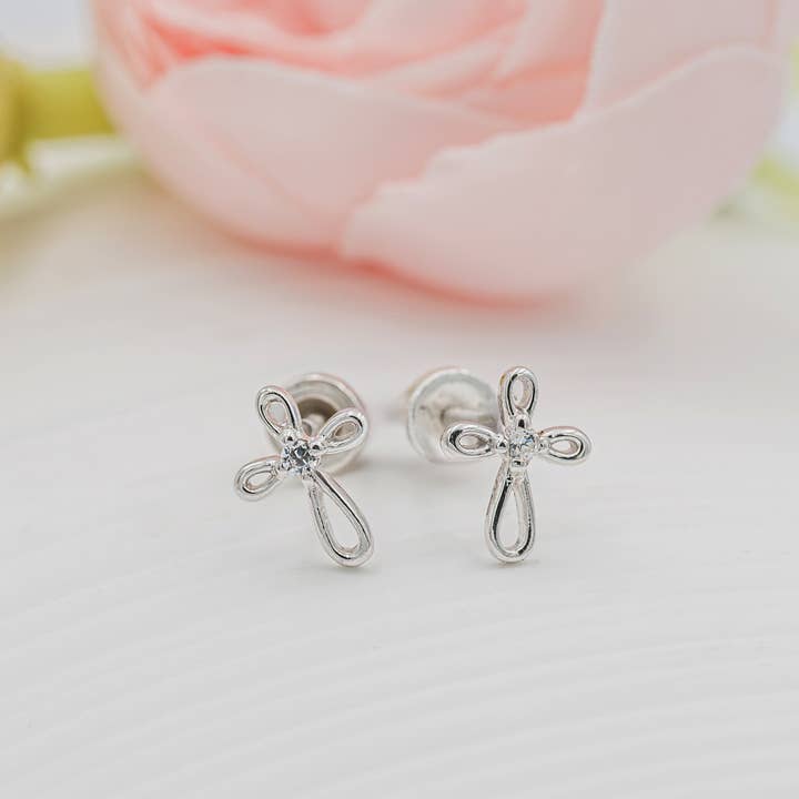 Cherished Moments - Wholesale Earrings – Kids - Sterling Silver Screw-Back Infinity Cross Baptism Earrings1