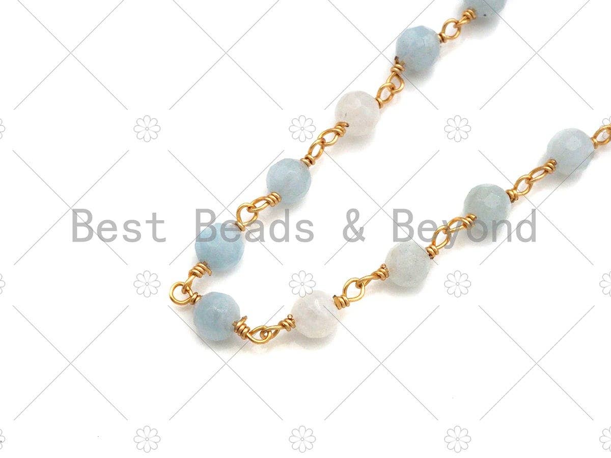 BestBeads&Beyond - Wholesale Beaded/Pearl Necklace - Quality Aquamarine Rosary Chain, 5mm Beaded Chain, Wire Wrapped Gold Chain, Body Belly Chain, Sku#V901