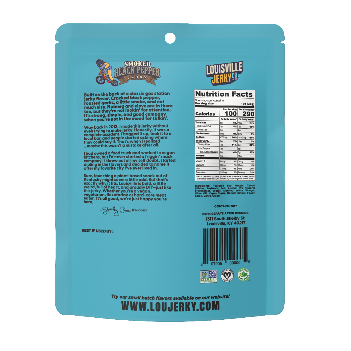 Louisville Foods - Wholesale Jerky - Vegan & Plant Based Smoked Black Pepper Jerky 3 oz1