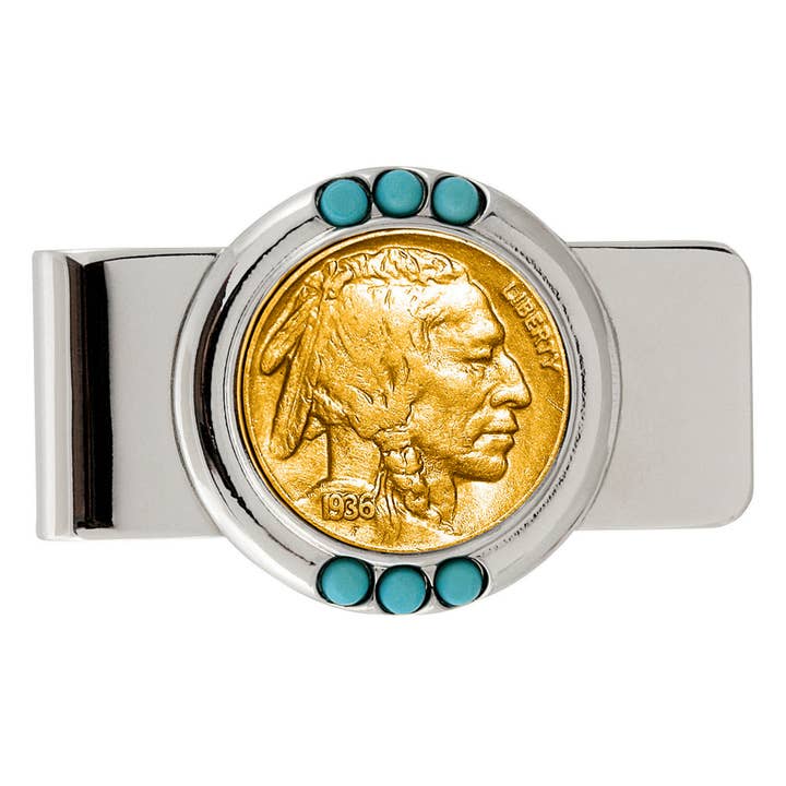 Gold-Layered Buffalo Nickel Turquoise Coin Money Clip for wholesale by American Coin Treasures