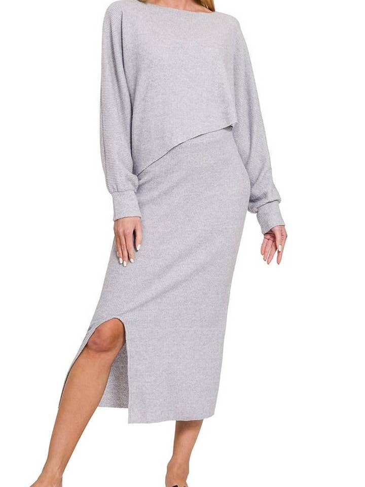 Ribbed Asymmetric Hem And Sleeve Top & Skirt 2 Pcs Set for wholesale by Vanilla Monkey