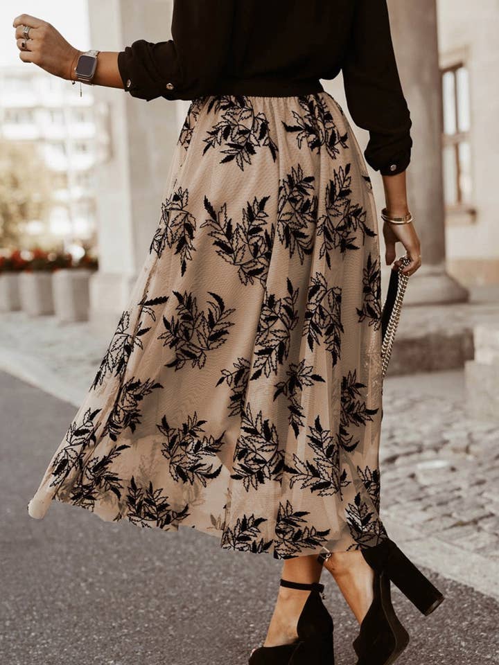 Apricot Floral Leaves Embroidered High Waist Maxi Skirt for wholesale on Faire