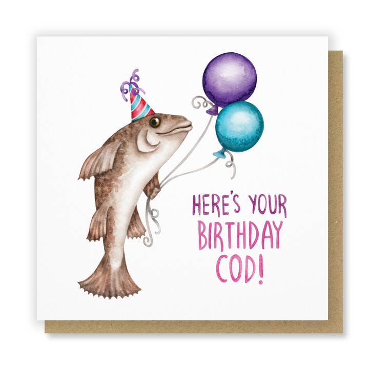 Here's You're Birthday Cod Funny Fish Birthday Card for wholesale by Citrus Bunn
