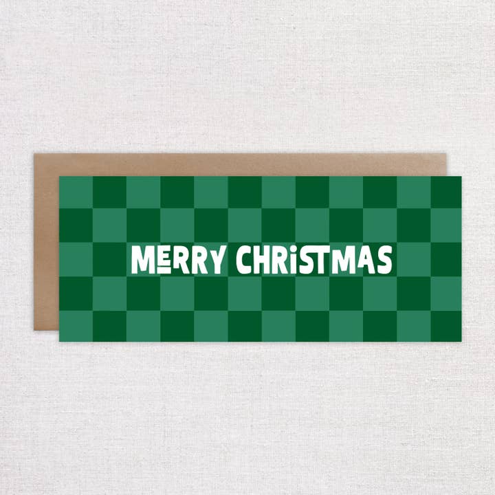 Green Checkered Merry Christmas Card for wholesale by HellaHoney Co