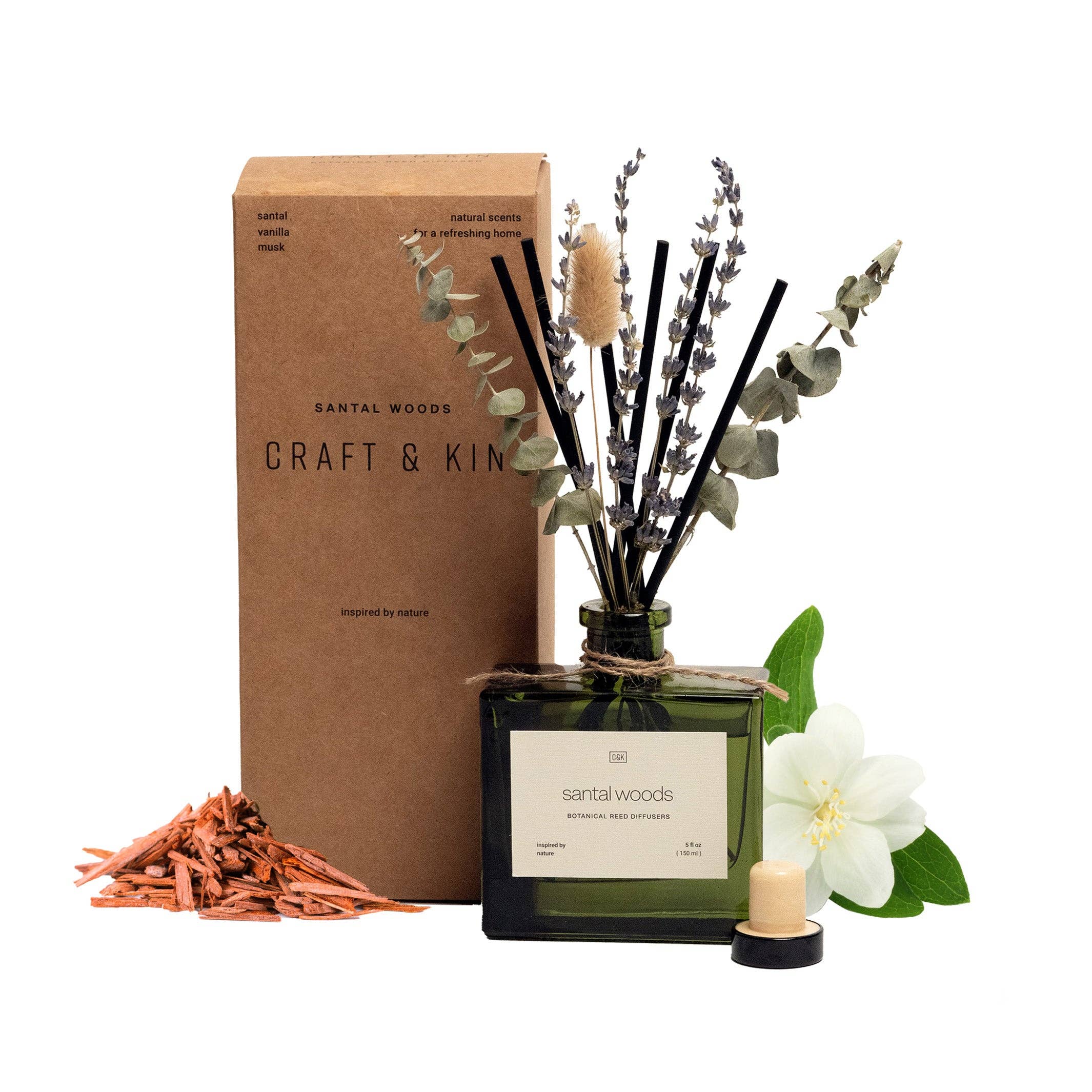 Craft & Kin - Wholesale Reed Diffuser - Green Glass Reed Diffuser with Flowers30