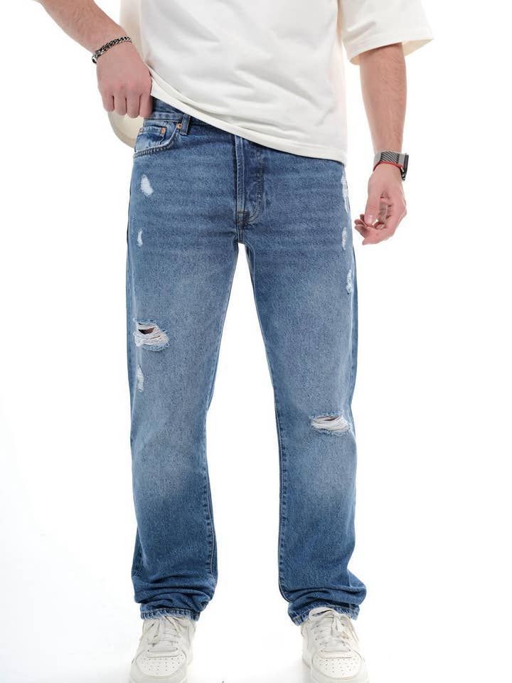 Herr ljusblå slitna jeans med rak passform 0225C1208 för wholesale av Monocloth