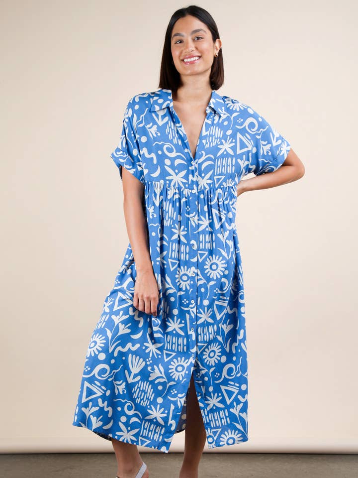 MÉLANGE COUCHER DE SOLEIL ND31583X-PLUS SIZE Robe midi à chemise imprimée surdimensionnée en vente sur Faire0