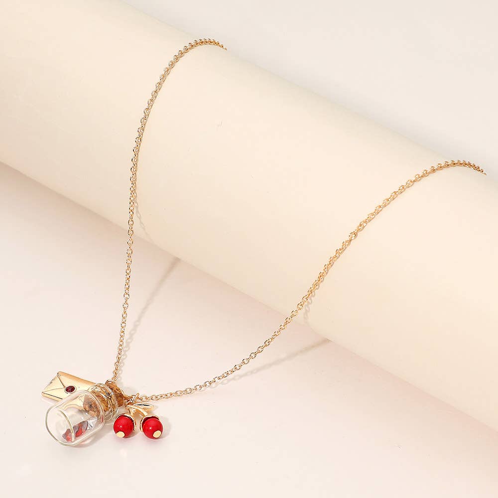 Sensibling Corp. - Wholesale Pendant/Charm Necklace - Whimsical Glass Bottle Envelope Cherry Charm Pendant Necklace4