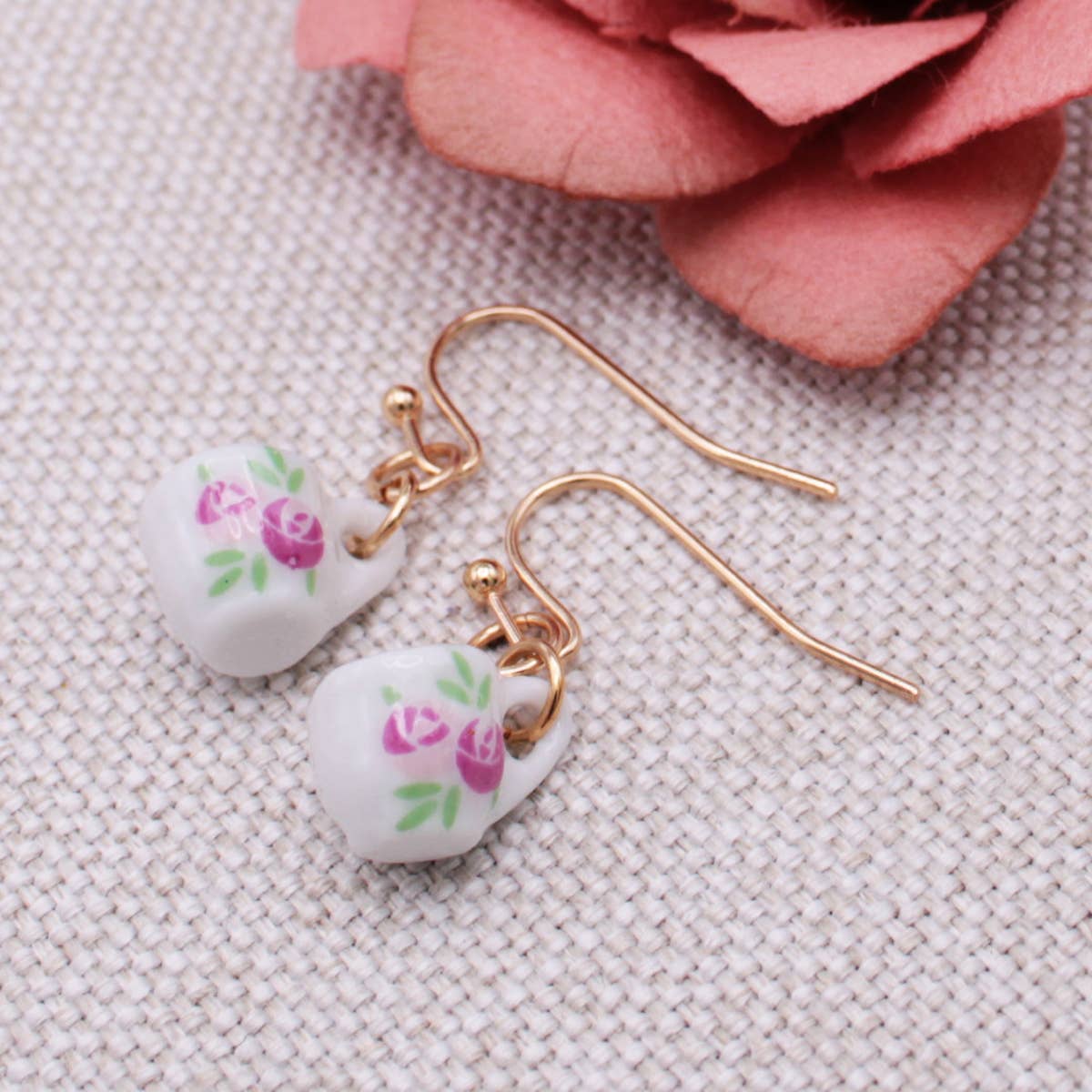 ZAD - Wholesale Dangle Earrings - Tea Time Pink Floral Teacup Gold Earrings3