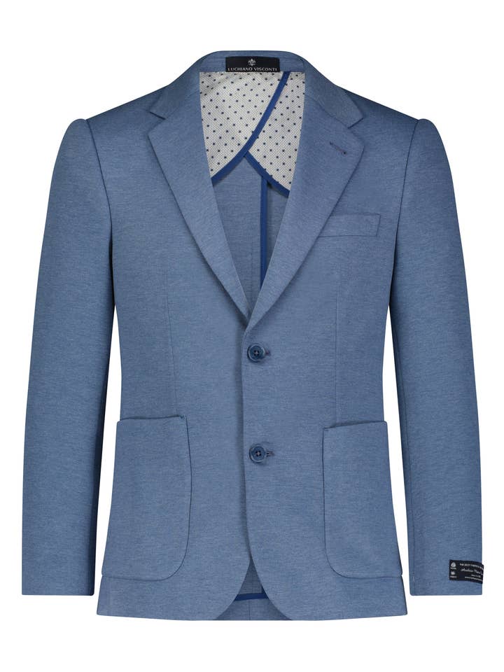 Americana de dos botones en piqué índigo con estampado de puntos y elasticidad. para venta al por mayor de Luchiano Visconti