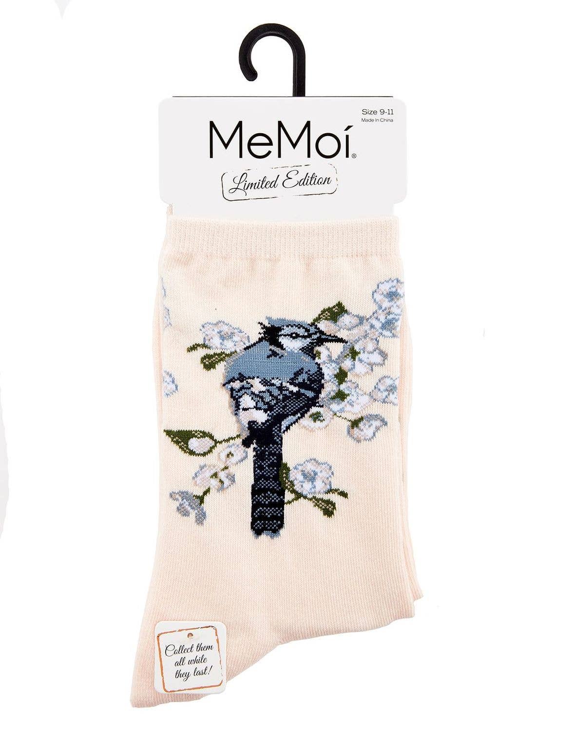 Blush Pink MeMoi Blue Bird Limited Edition Crew Socks for wholesale on Faire3