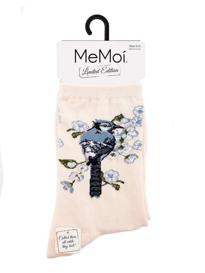Blush Pink MeMoi Blue Bird Limited Edition Crew Socks for wholesale on Faire3