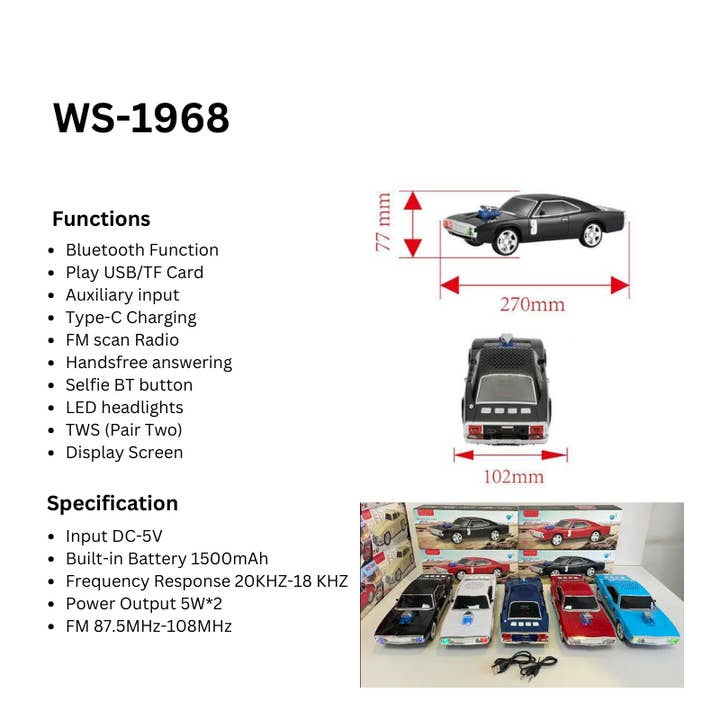 iPhoenix Technology Corporation - Wholesale Luidsprekers/speakers - WS-1968 CAR Bluetooth-luidspreker Oplaadbare FM-radio USB