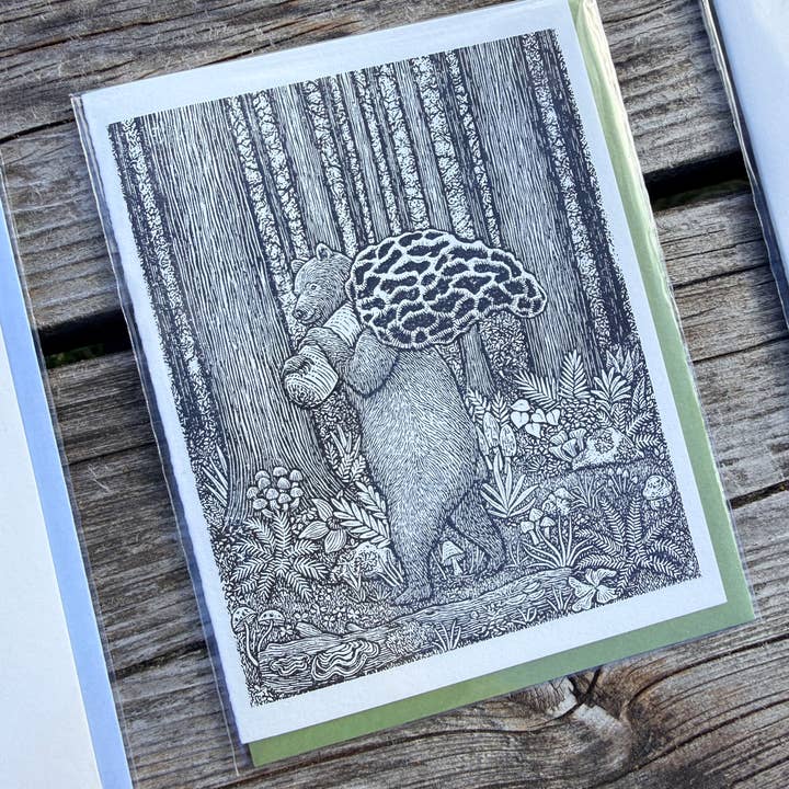 Anomal Press - Wholesale Everyday Greeting Card - Mushroom Hunt linocut relief print greeting card6