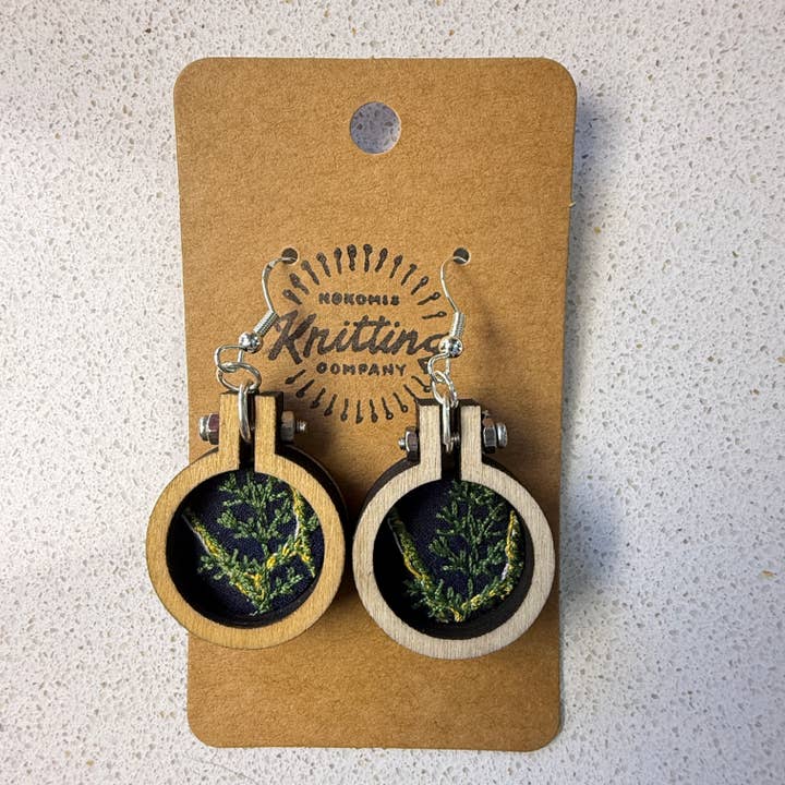 Yarn Revival by NokoKnitCo - Wholesale Dangle Earrings - Forest Fern Green Embroidered Earrings - Mini Wood Hoop